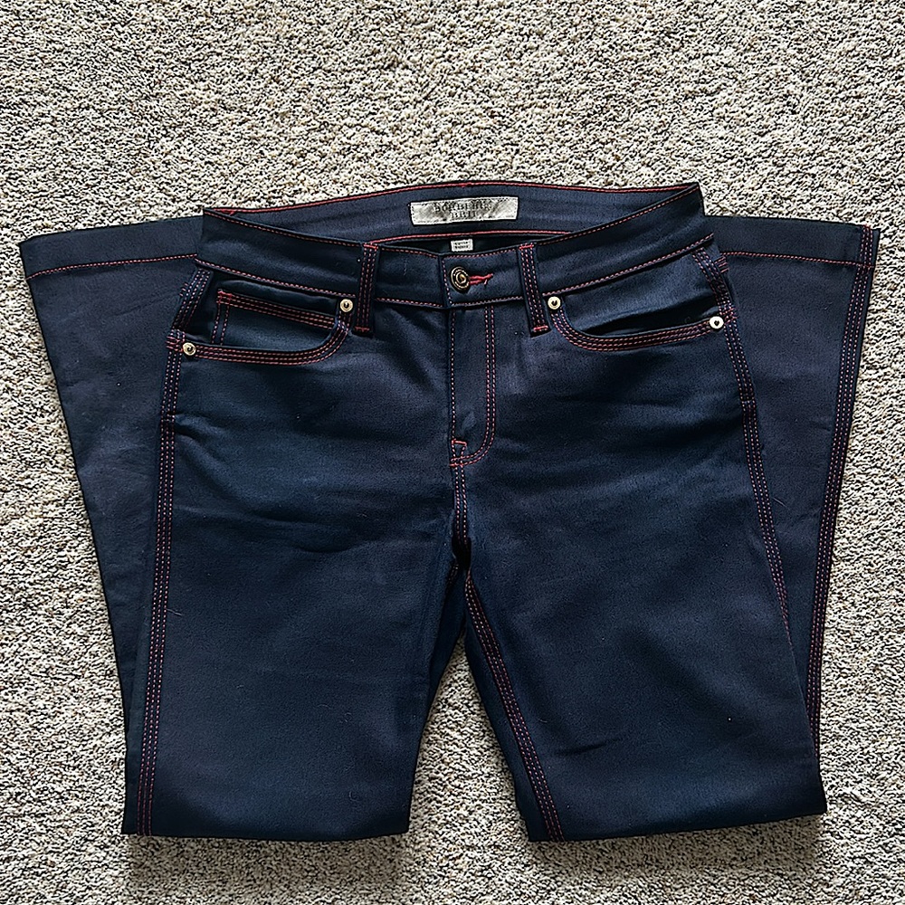 Burberry Dark Blue Red Trim High Rise Flare Leg Denim Jeans Pants **Sz 29**🌺🌺 - Picture 1 of 7
